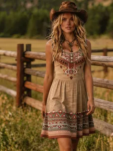 Bohemian western vintage sleeveless print dress for women summer casual chic boho style apparel