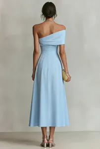 Stunning one-shoulder solid color waist-cinching backless midi dress back view details.