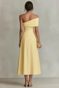 Elegant yellow one-shoulder midi dress for women, slim fit evening party dress with backless.