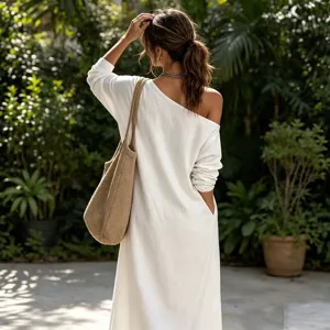 Women's casual loose linen blend one-shoulder maxi dress with long sleeves for summer.