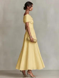 Elegant solid color off-shoulder cinched waist women midi dress detail view showing fabric.