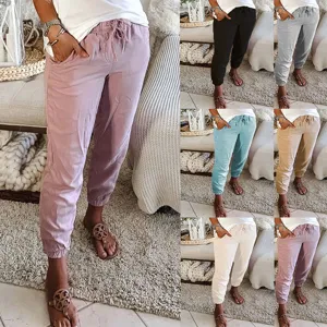 Women's Casual Cotton Blend Sweatpants Solid Color Mid Waist Drawstring Joggers With Pockets Loose Fit Fashion Pants