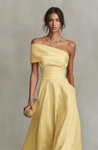 Elegant yellow one-shoulder midi dress with fitted waist for women, perfect for events.