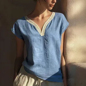 Women Casual Cotton Linen Blouse Vintage Lace V-Neck Short Sleeve Solid Color Summer Regular Fit Elegant Shirt Top