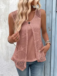 Damen rosa spitze ärmellos fake zweiteiler top stilvoll lässig sommer mode bluse kleidung