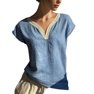 Women Casual Summer Cotton Linen Blouse Vintage Lace V-Neck Top Bohemian Styles