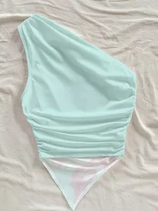 Women one shoulder ruched top mint green floral print summer casual sexy stylish apparel