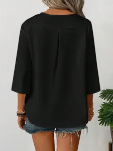 Women casual solid color V-neck loose 3/4 sleeve blouse summer top shirt for daily wear.