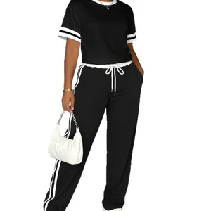 Completo tuta sportiva donna t-shirt manica corta a contrasto e pantaloni lunghi