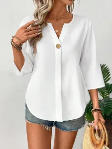 Women's 3/4 sleeve V-neck casual loose solid color blouse summer daily wear white shirt