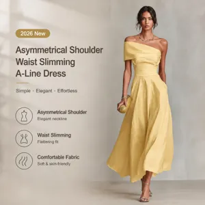 Women Casual Cotton Linen Blend Midi Dress Elegant Oblique Shoulder Short Sleeve Slim Fit Solid Color Summer Party Dress
