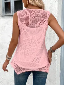 Damen rosa spitze ärmellos weste ausschnitt sommer lässig top rückseite detail.