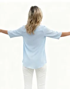Blouse en mousseline bleu clair à manches 3/4, haut de femme décontracté ample