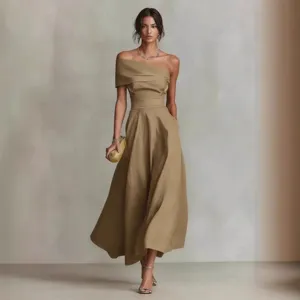 Elegant off-shoulder solid color midi dress for women, stylish waist-cinching slim fit.