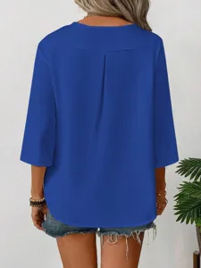 Back view detail of casual solid color 3/4 sleeve V-neck loose blouse for women's daily wear.