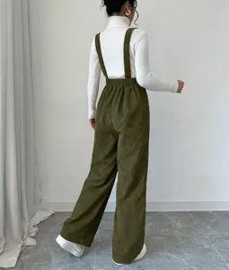 Women corduroy overalls detail view, loose straight leg casual long pants in olive green.