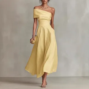 Women elegant off shoulder solid color waist cinched midi dress main view showcase