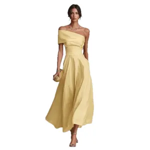 Elegant solid color asymmetrical one shoulder midi dress for women, chic waist cinching design.