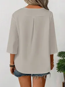 Detail view of women casual loose solid V-neck 3/4 sleeve blouse shirt for summer daily wear.