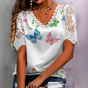 t-shirt manches courtes elegant avec bordure en dentelle et imprime papillon floral