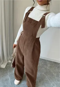 Brown corduroy overalls for women loose straight leg long jumpsuit casual style