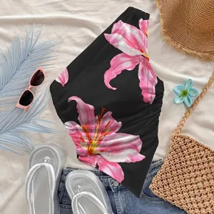 2025 women sexy one shoulder black floral print top summer sleeveless casual beach wear