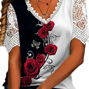 T-shirt femme élégant color-block col V manches courtes avec dentelle et imprimé rose.
