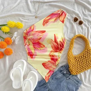 Women's one-shoulder floral print summer top, yellow botanical sleeveless blouse.