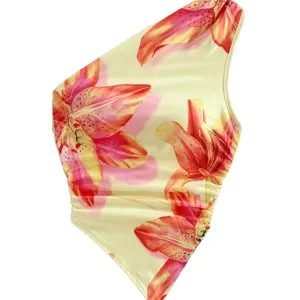 Women's sexy one-shoulder floral print summer top featuring elegant lily flower pattern.
