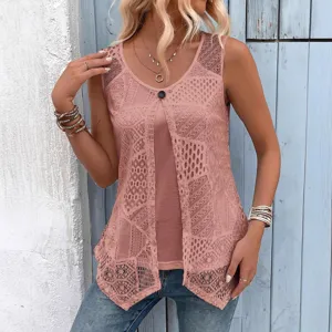 Modische rosa spitze mesh ärmellose fake zweiteiler weste für damen, elegante sommer top.
