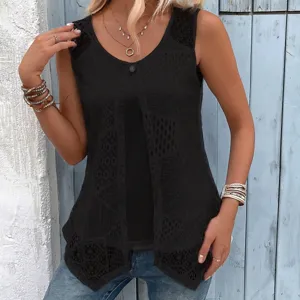 Damen Sommer Freizeit Ärmellos Netz Fake Zweiteiliges Tanktop mit Knopf Detail Schwarz
