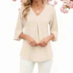 Blouse en Chiffon à Col V et Manches Trois-Quarts pour Femmes Décontracté Uni Ample Haut