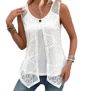 Damen weiße Spitzen ärmellose falsche zweiteilige Weste Top mit Lochdesign und Knopfdetails.
