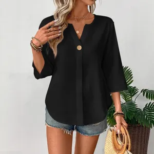 Women's Casual Solid Color V-Neck 3/4 Sleeve Button Loose Shirt Summer Fashion Top