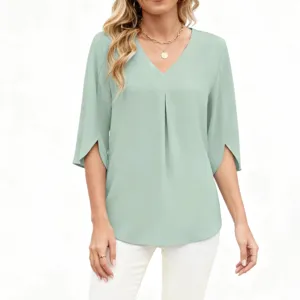 Chemisier Femme Col V Manches 3/4 Fendues Mousseline Casual Ample Haut Vert Menthe