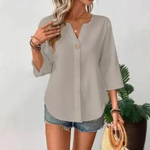 Women Summer Casual Loose V-Neck 3/4 Sleeve Button Solid Color Blouse Top Daily Wear