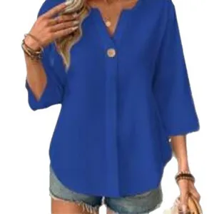 Women's 3/4 Sleeve V-Neck Button Casual Loose Shirt Solid Color Top Main View
