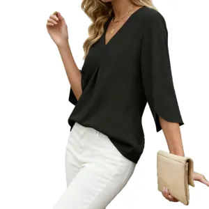 Femme Élégante Col V 3/4 Manches Unie Mousseline Blouse Ample Travail Bureau Haut