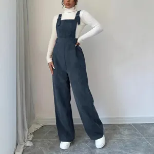 Women casual corduroy overalls loose straight leg pants trendy street style main view