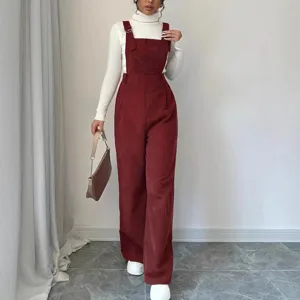 Women corduroy overalls casual loose straight long pants jumpsuit main view studio shot