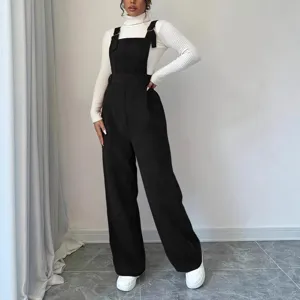 Women black corduroy overalls loose straight long pants chic casual chic jumpsuit autumn