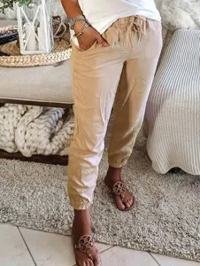 Khaki casual pants for women, solid color elastic waist cuffed trousers with pockets.