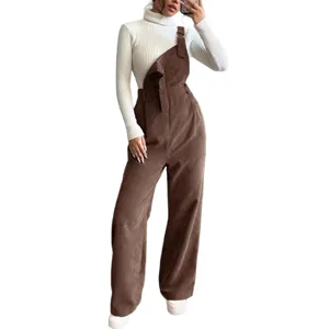 Women brown corduroy overalls straight leg casual jumpsuit with white turtleneck sweater top