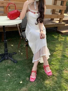 French style red and white checkered bow Mary Jane shoes women sweet cute flat dress shoes