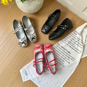 French Bow Color Block Mary Jane Shoes Women Spring Shallow Mouth Single Strap Flat Ballet Shoes