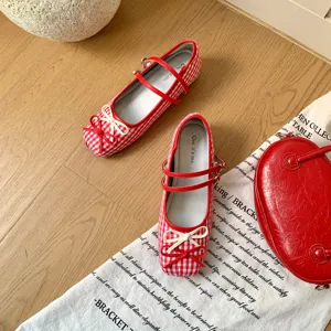 French red white gingham Mary Jane shoes women double strap cute bow flat ballet shoes