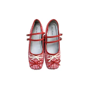 French vintage red white gingham Mary Jane shoes with double straps and cute bow knots.