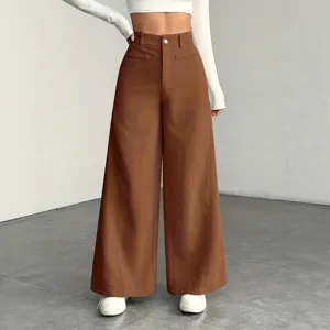 Women brown high waist corduroy wide leg pants casual loose trousers for autumn winter