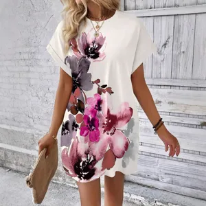 Women short sleeve floral print casual beach dress elegant vintage loose A-line mini dress
