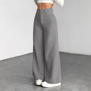 Grey high-waist corduroy wide-leg pants for women, stylish casual long trousers showcasing fit.